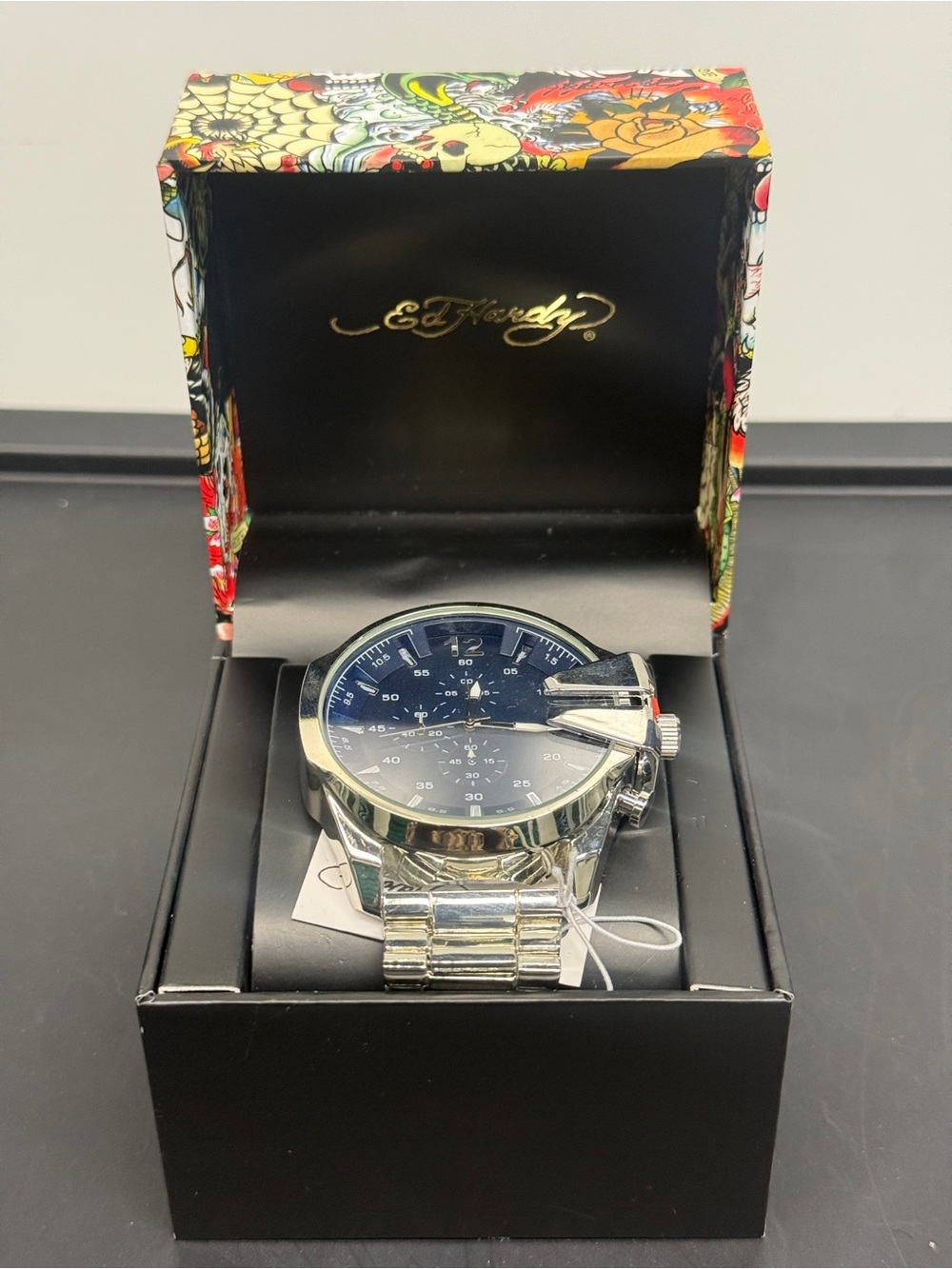 Ed Hardy Silver Watch with Blue Dial in Branded Box
